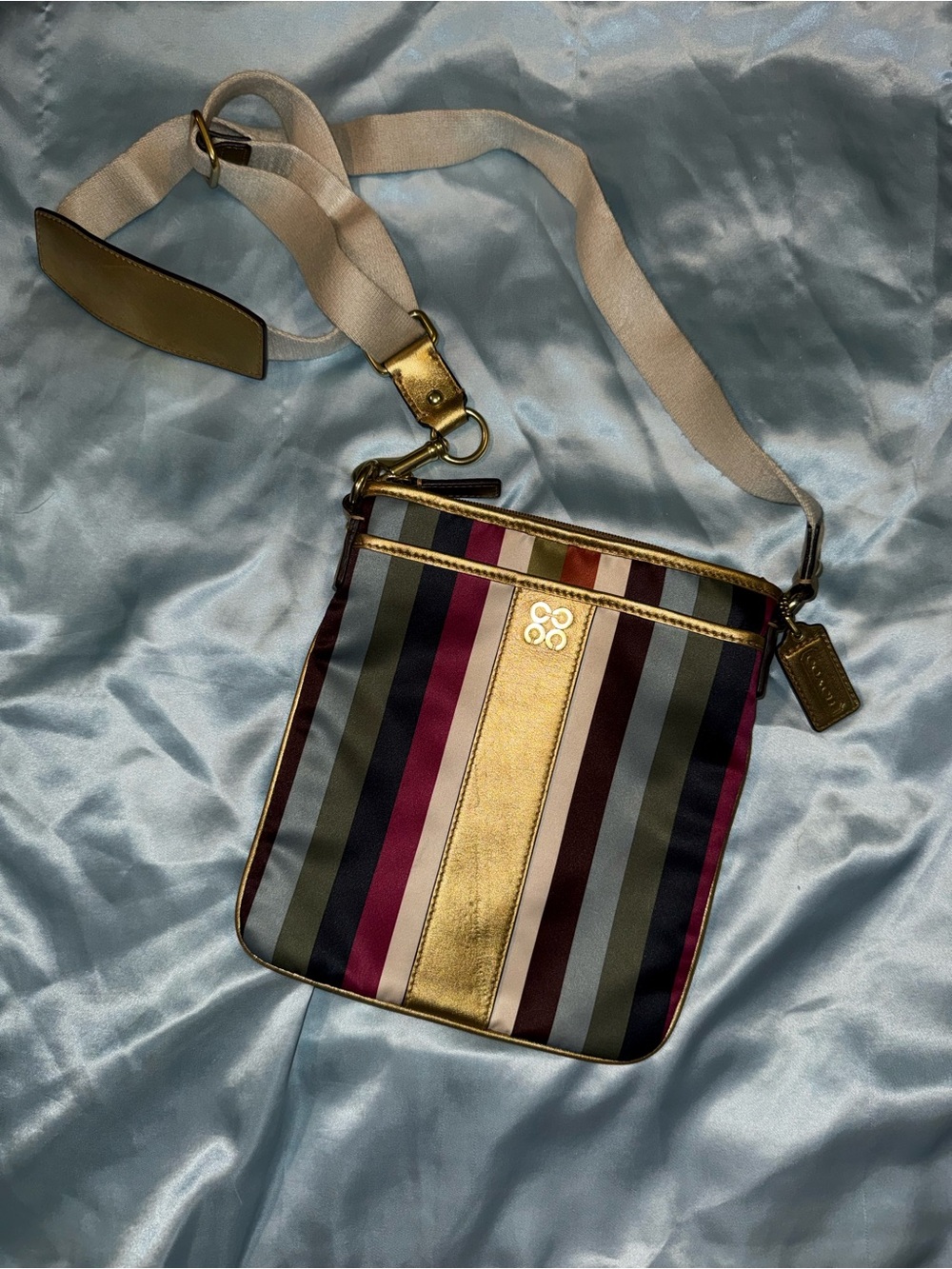 Coach Julia Legacy striped sateen and leather swingpack crossbody purse